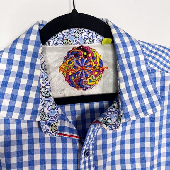 Robert Graham Men XL Blue White Check Plaid Button Down Shirt Classic Fit Cotton - Picture 3 of 8